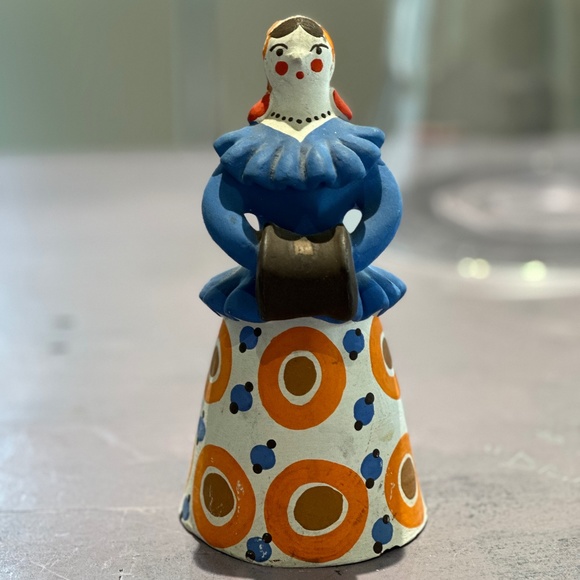 Vintage Russian Dymkovo Handcrafted Clay Figurine Lady in Blue Dress early 70"s